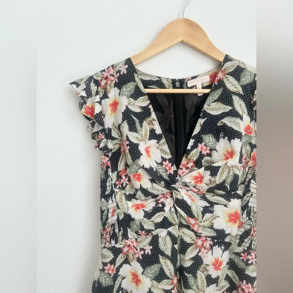 Rebecca Taylor Kamea Fleur Silk V-Neck Floral Mini Dress Smocked Flutter Y2K
